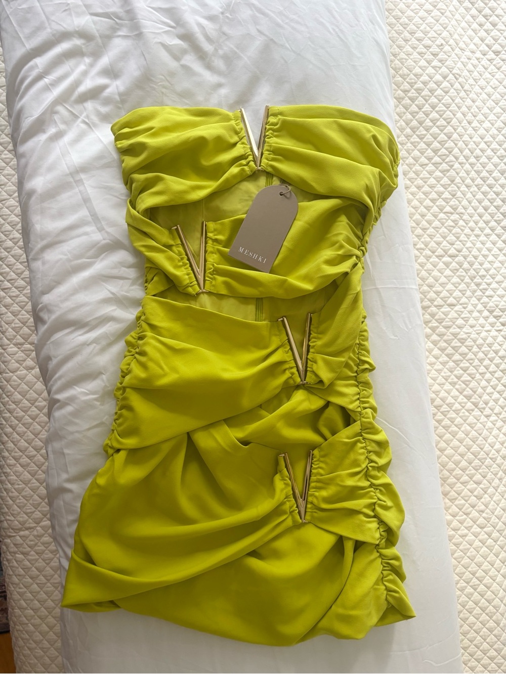 Meshki Neon Lime Strapless Ruched Mini Dress